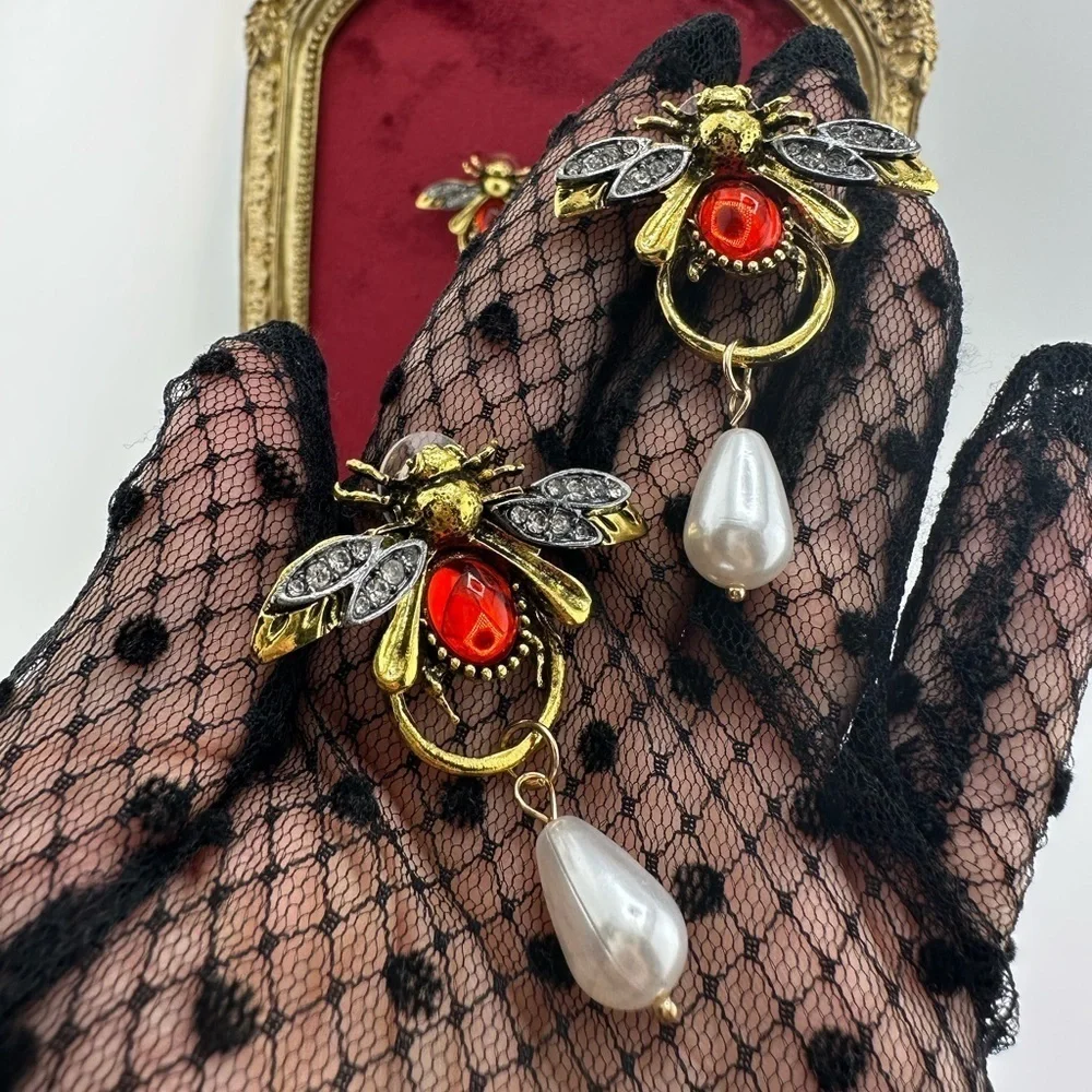 Vintage Luxury Honeybee Gold Red Pearl Drop Earrings